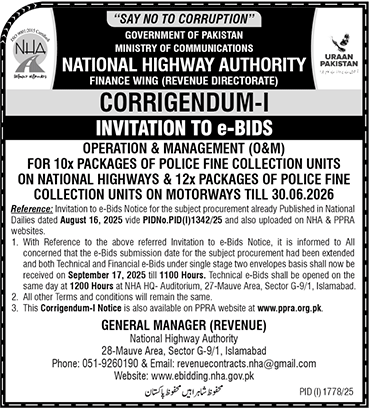 National Highway Authority Islamabad Tender Notice